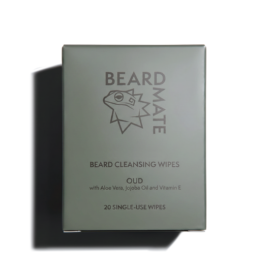 Beard cleansing wipes packaging with 'BEARDMATE' branding on a white background