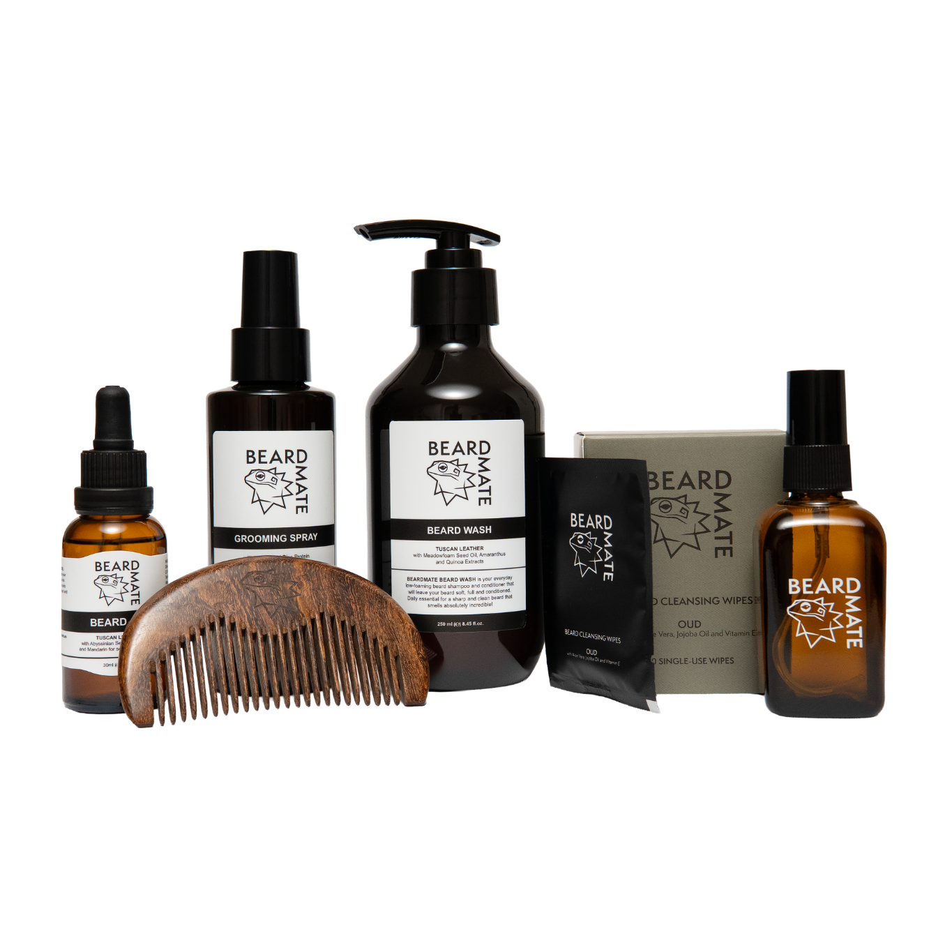 Collection of Beard Mate grooming products including bottles, a comb, and wipes on a white background.