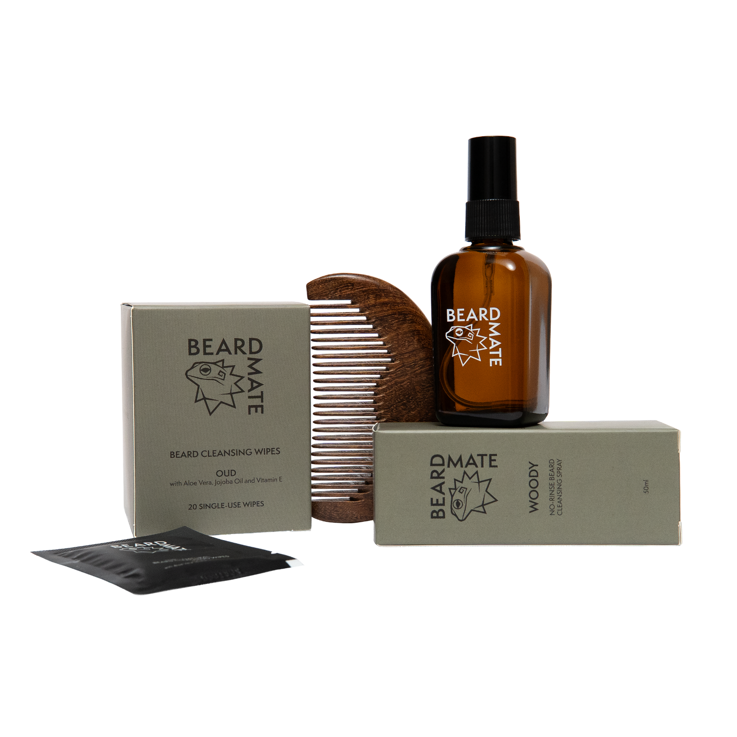 Beard care products including a bottle, comb, and packaging on a white background