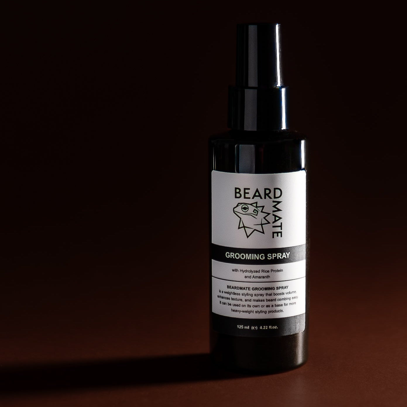 BEARDMATE grooming spray with lizard logo n brown background
