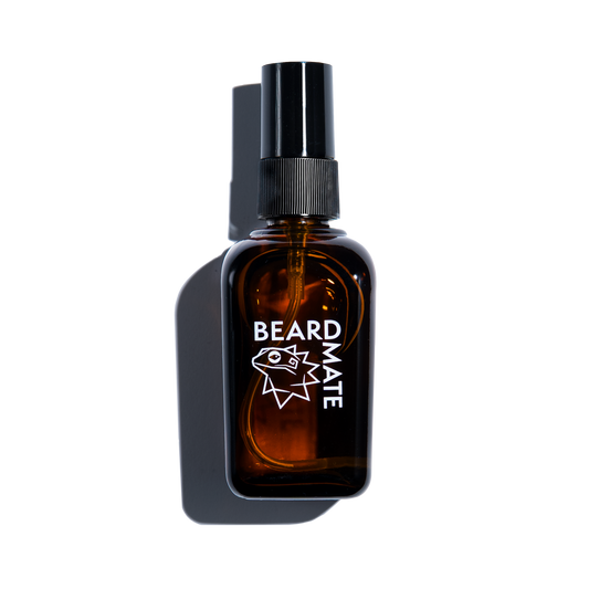 Brown spray bottle labeled 'BEARDMATE' in white font