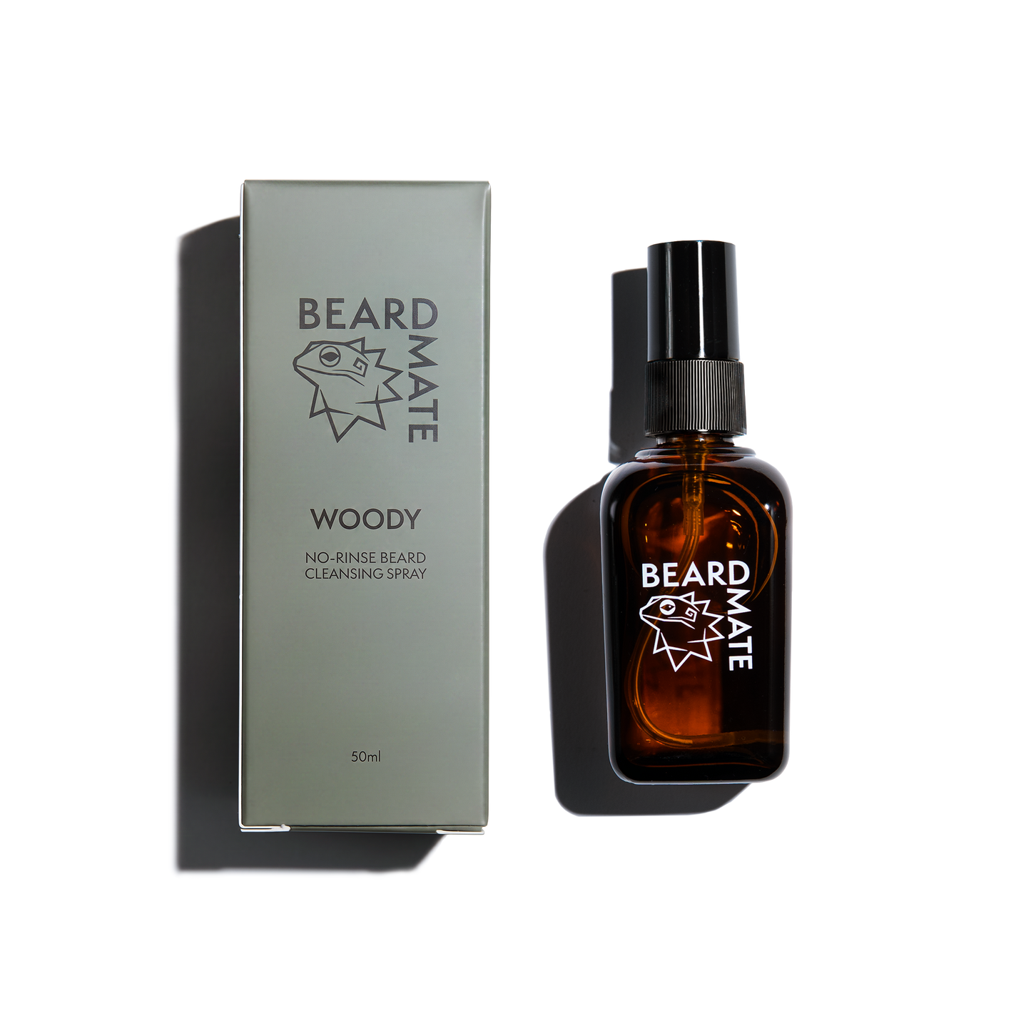 BEARDMATE Woody no-rinse beard cleansing spray brown bottle and green packaging 