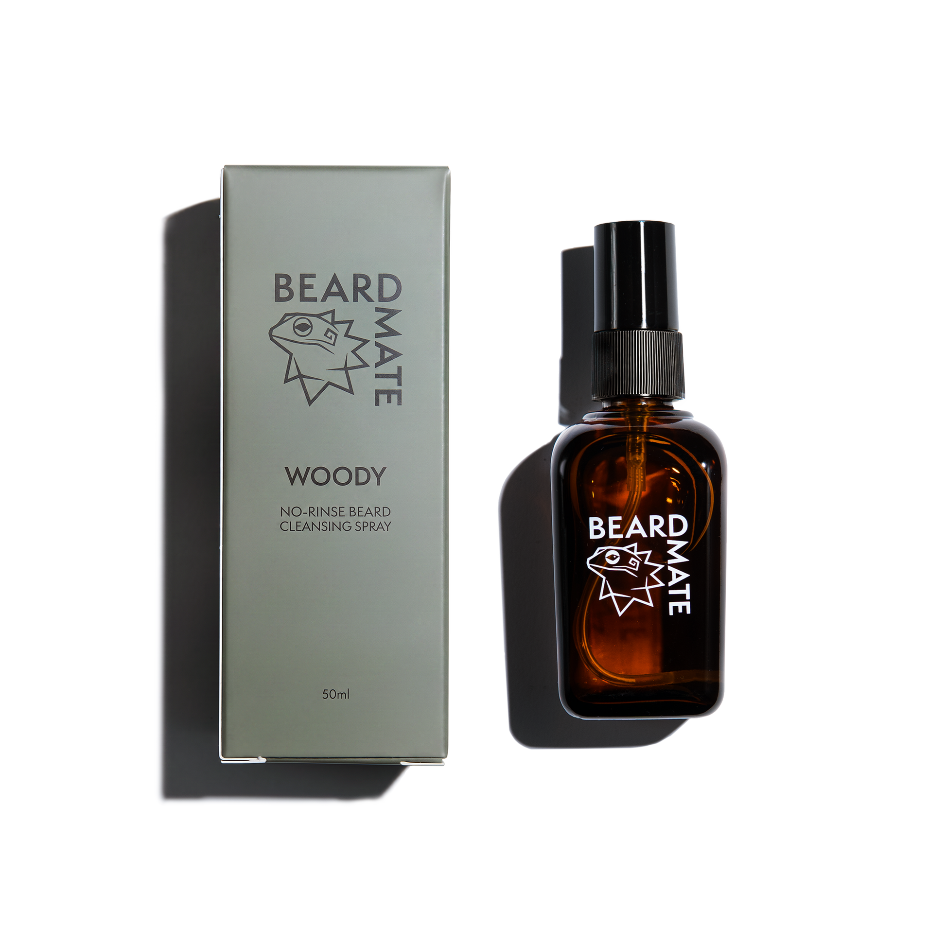 BEARDMATE Woody no-rinse beard cleansing spray brown bottle and green packaging 