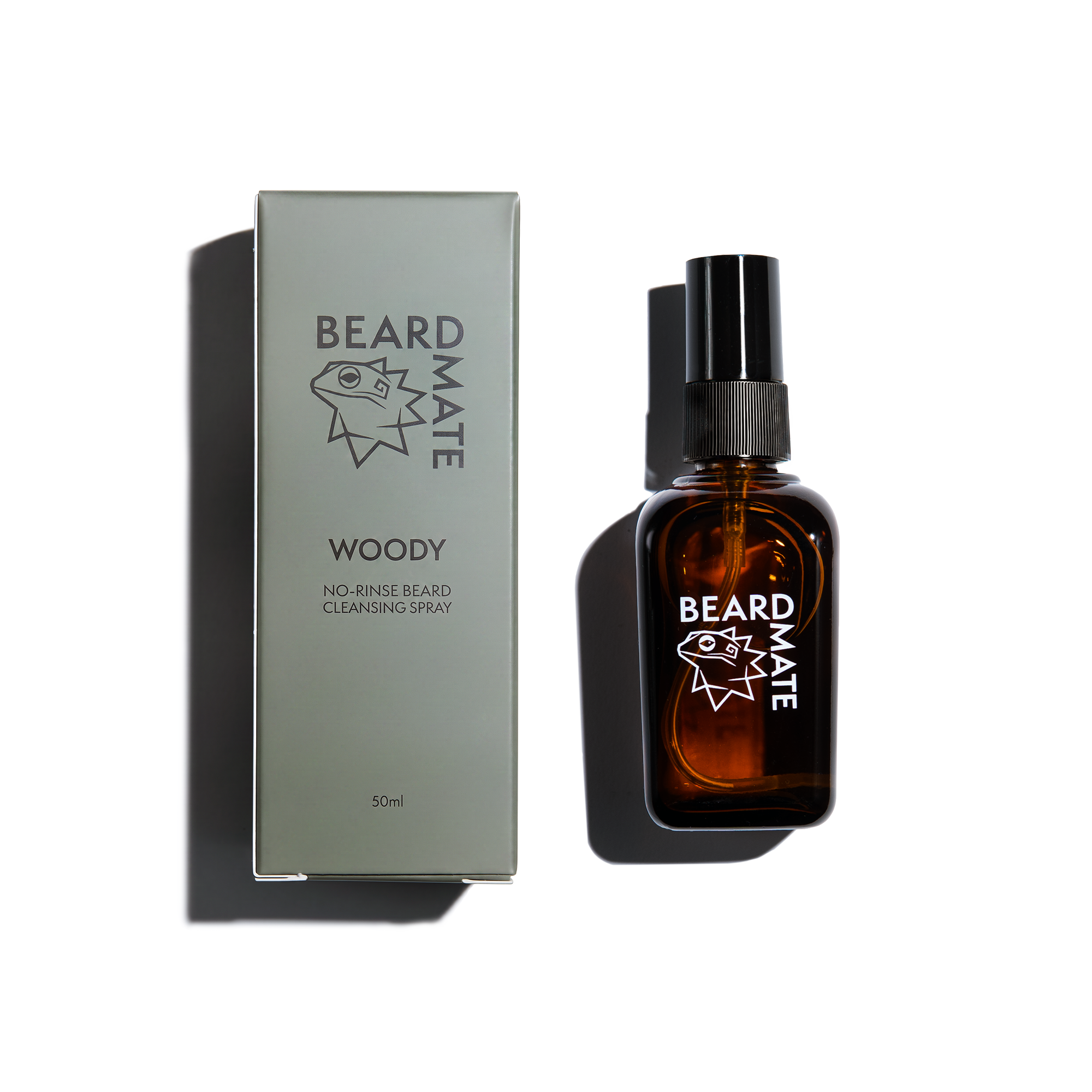BEARDMATE Woody no-rinse beard cleansing spray brown bottle and green packaging 