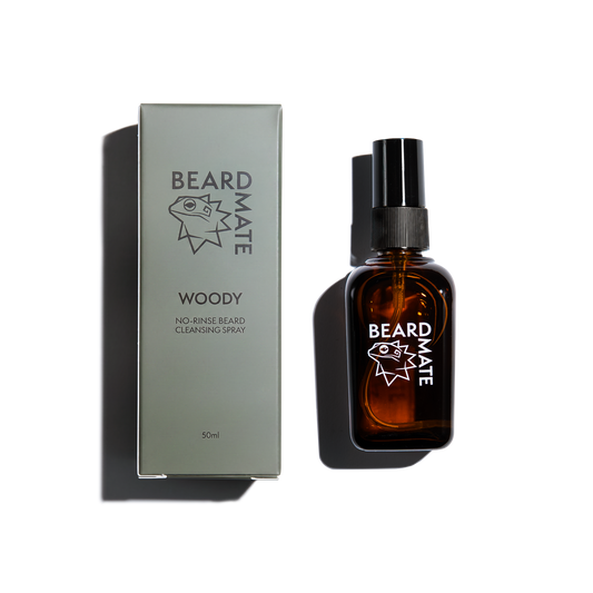 BEARDMATE Woody no-rinse beard cleansing spray brown bottle and green packaging 