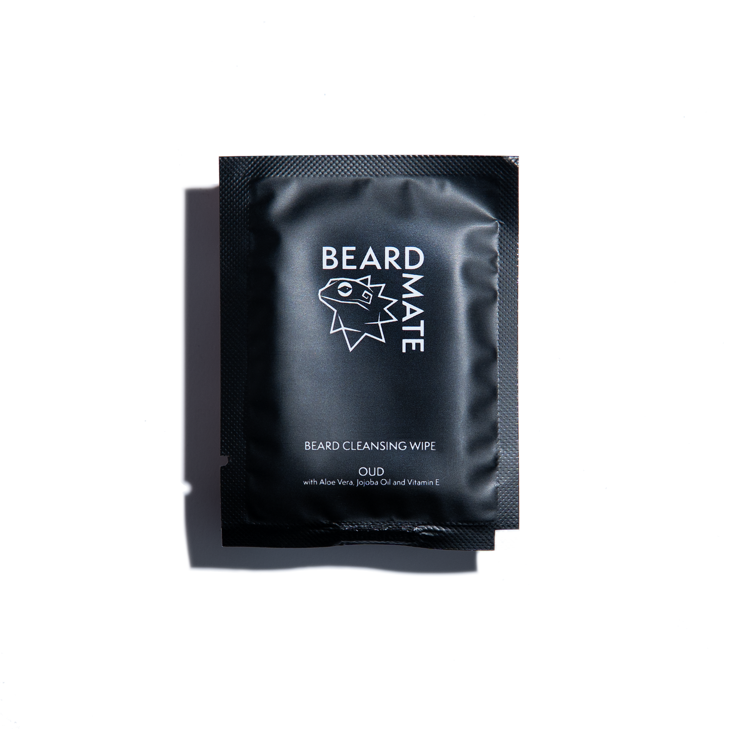 Black packaging of BEARDMATE beard cleansing wipes on a white background