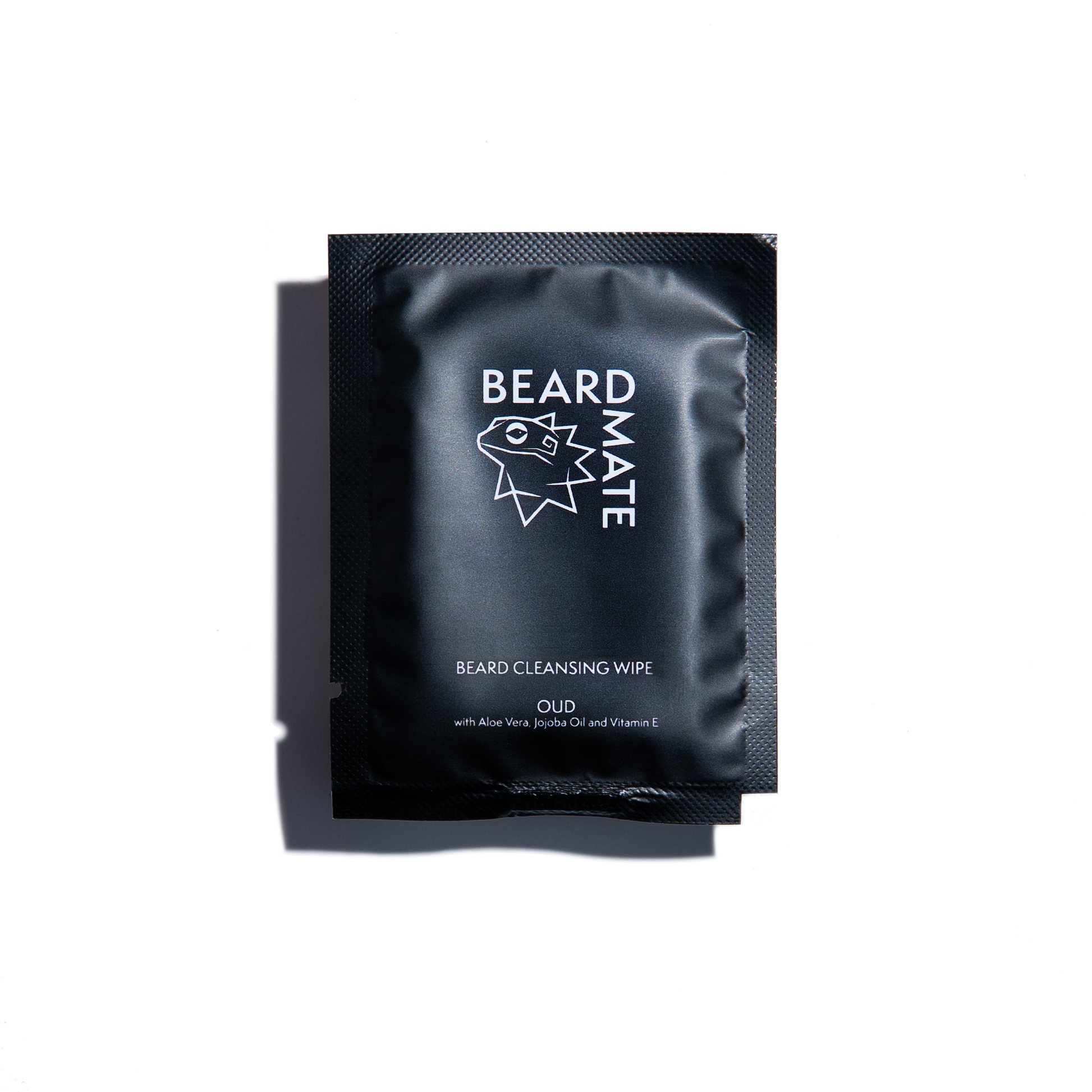 Black packaging of BEARDMATE beard cleansing wipes on a white background