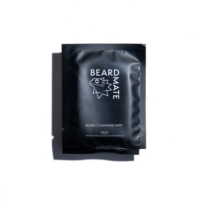 Black packaging of BEARDMATE beard cleansing wipes on a white background