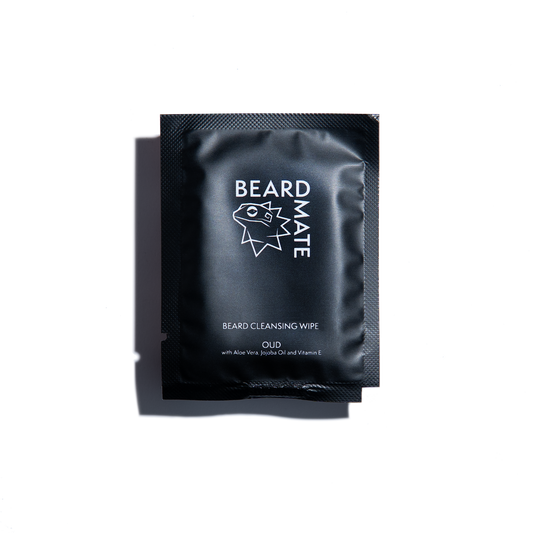 Black packaging of BEARDMATE beard cleansing wipes on a white background