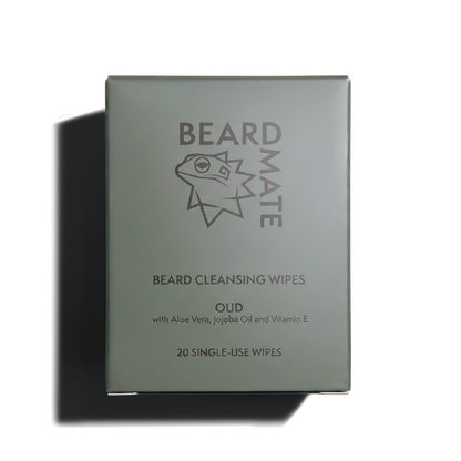 Beard cleansing wipes packaging with 'BEARDMATE' branding on a white background