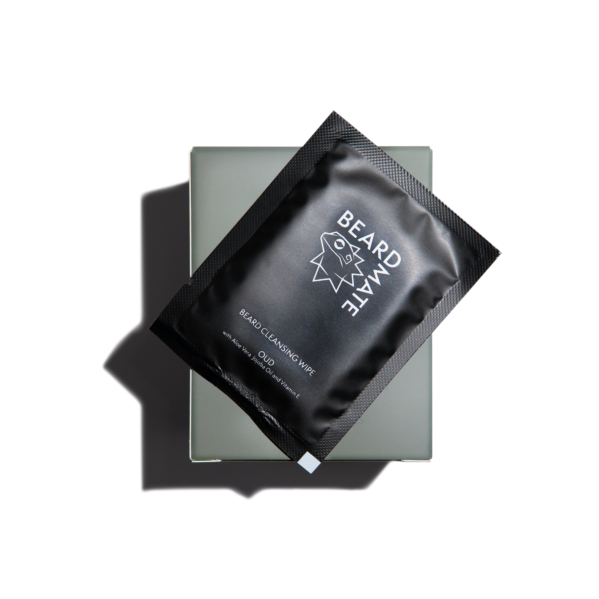 Black packaging of BEARDMATE beard cleaning wipes on a clear background