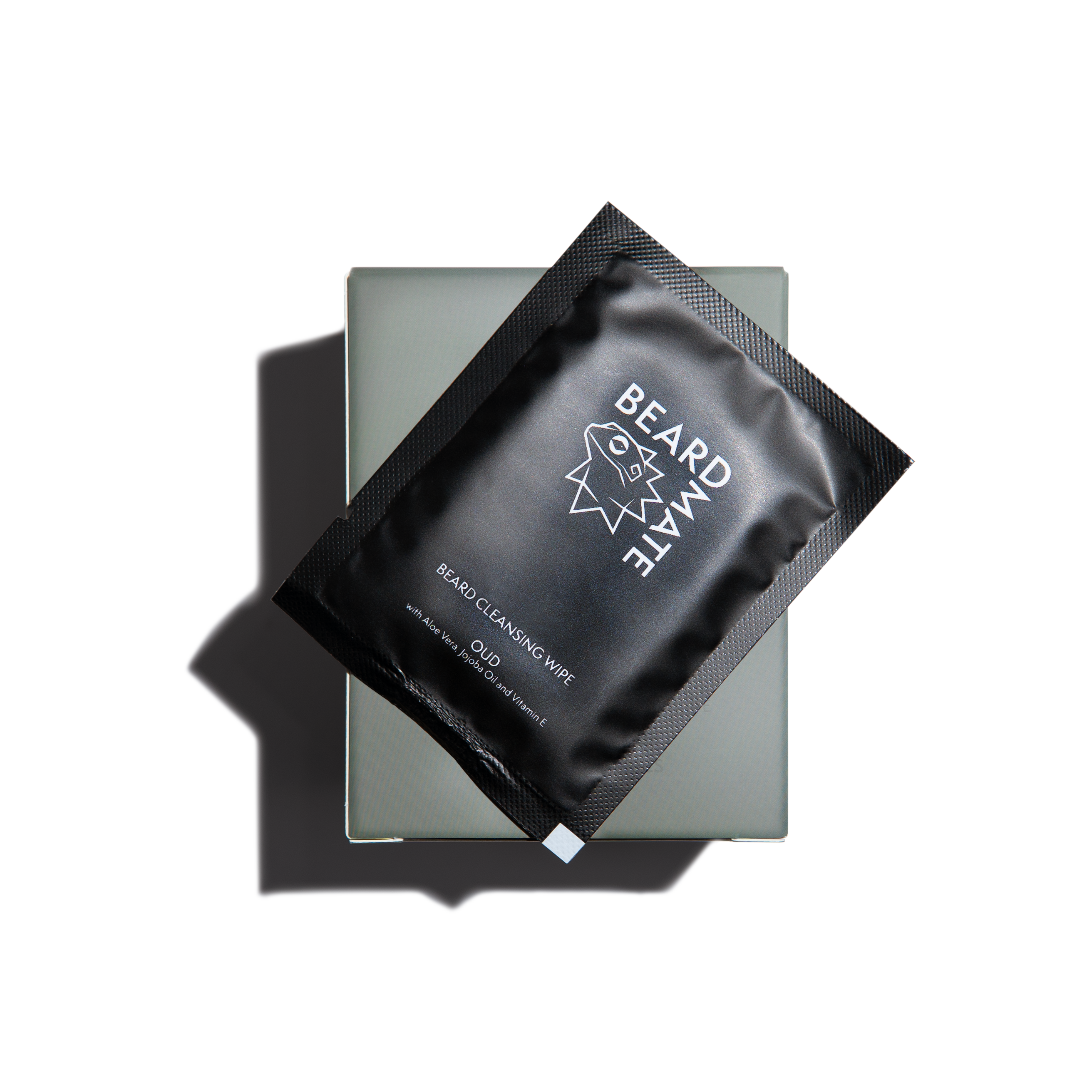 Black packaging of BEARDMATE beard cleaning wipes on a clear background