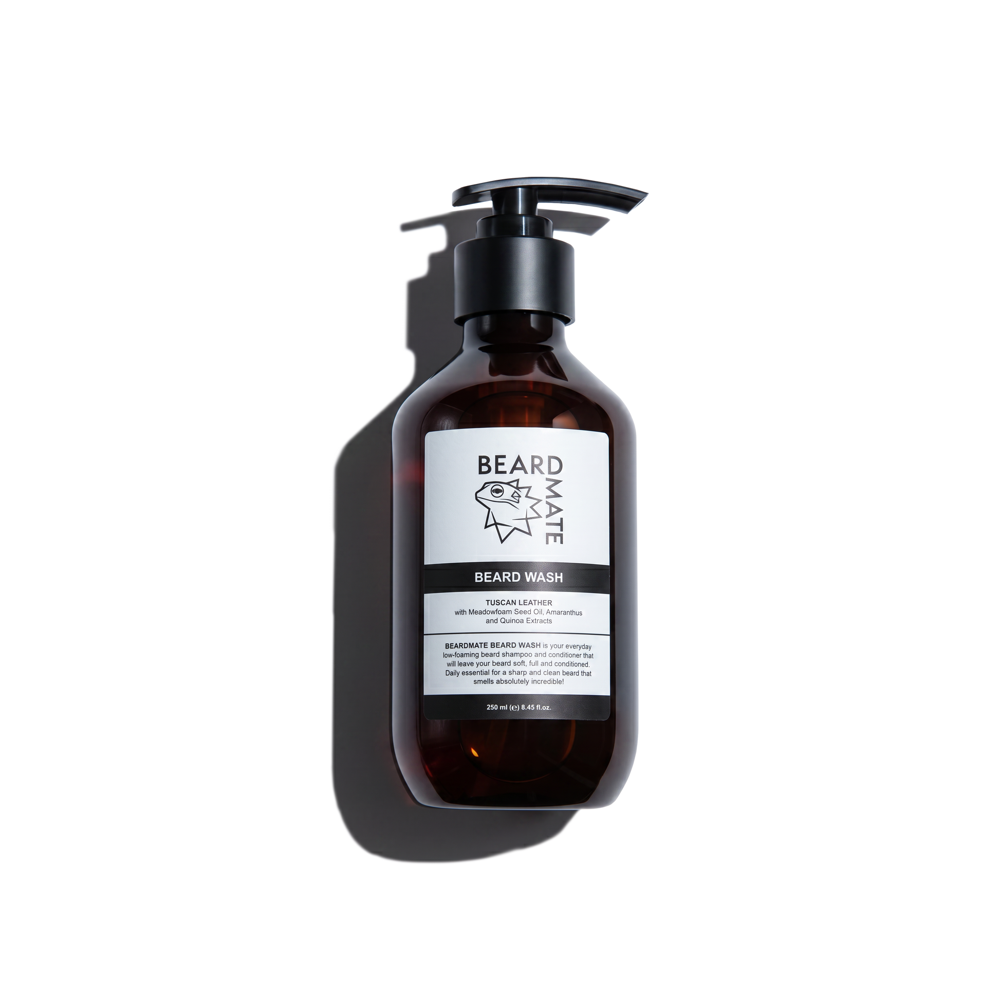 Brown beard wash bottle with black cap on a white background