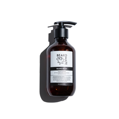Brown beard wash bottle with black cap on a white background