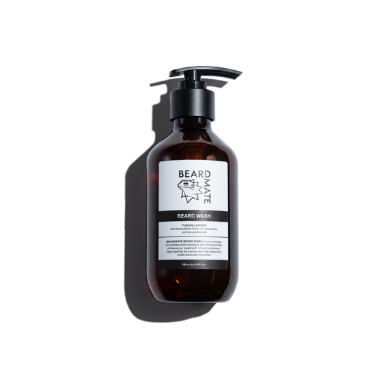 Brown beard wash bottle with black cap on a white background