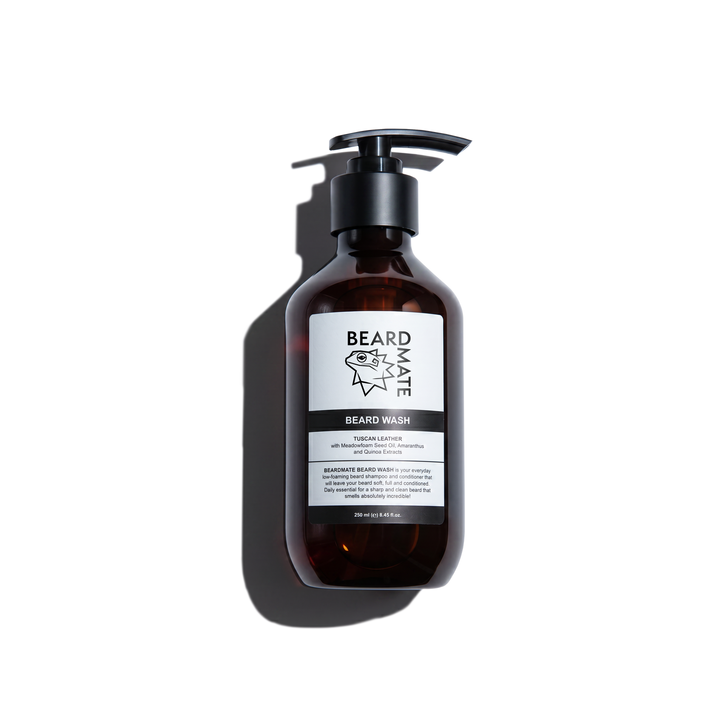 Brown beard wash bottle with black cap on a white background