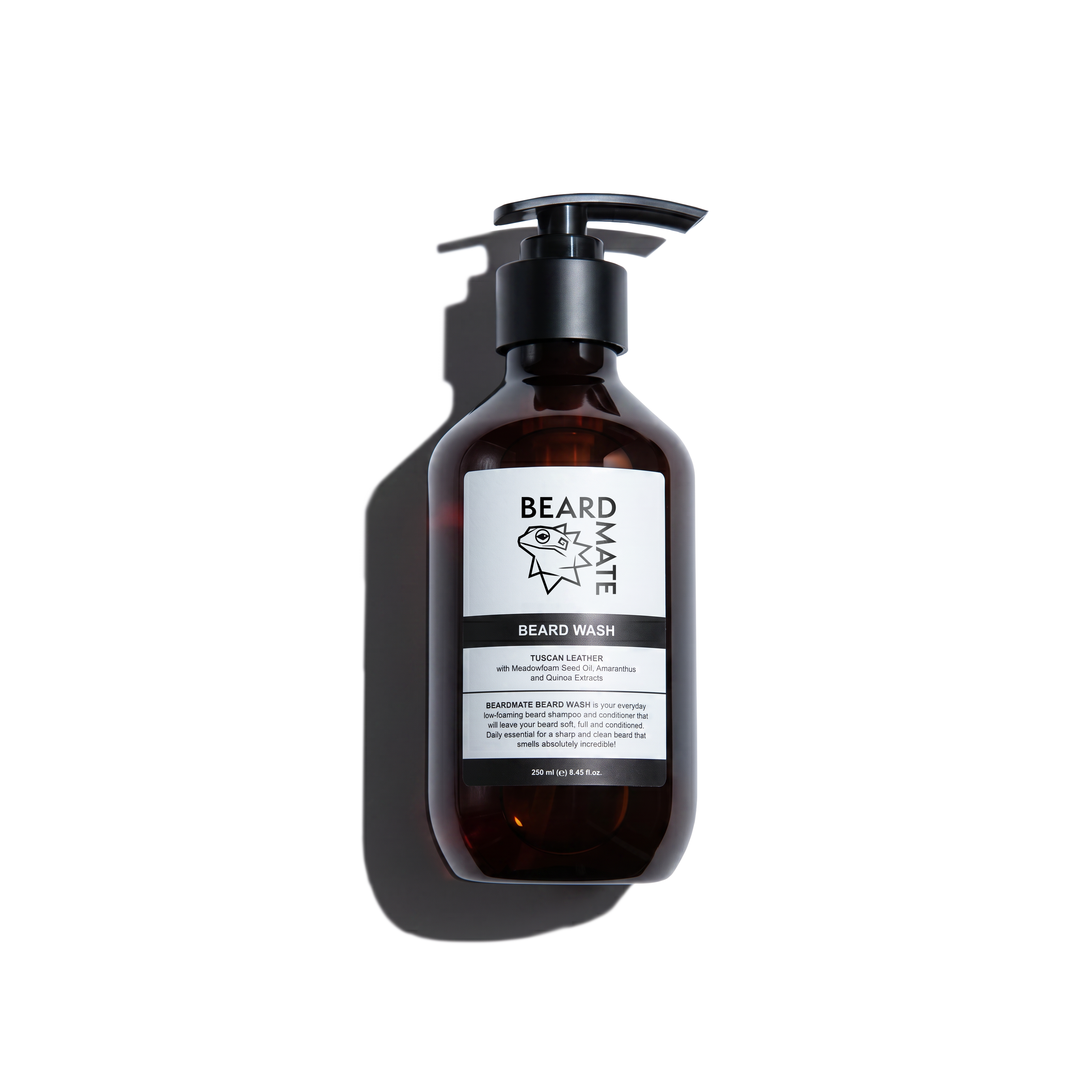 Brown beard wash bottle with black cap on a white background