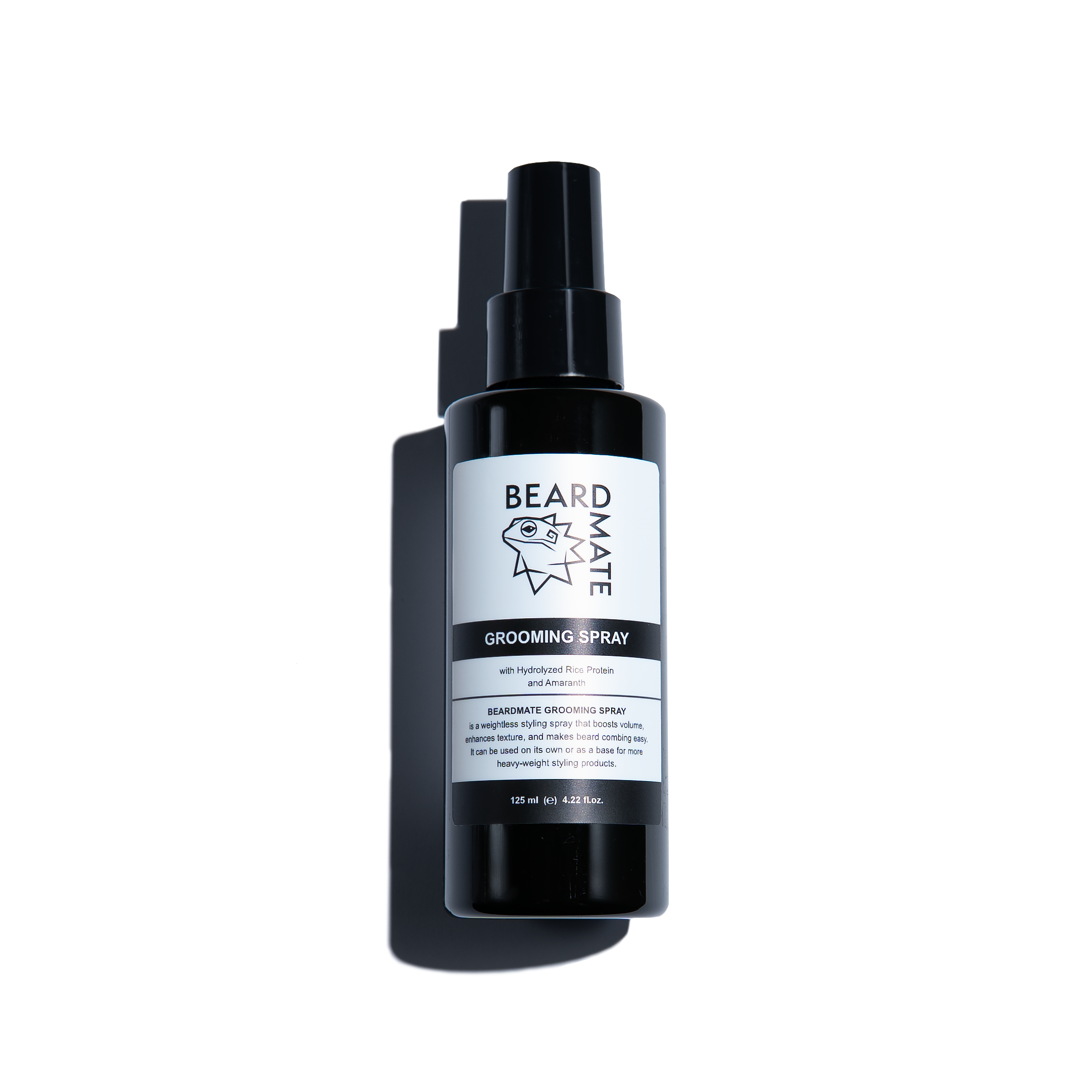 Black grooming spray bottle with a label on a white background