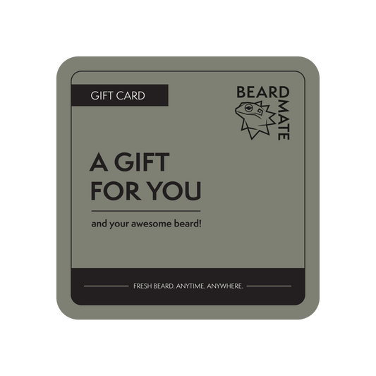 Beard Mate gift card with text 'A Gift for You and your awesome beard!' on a green background