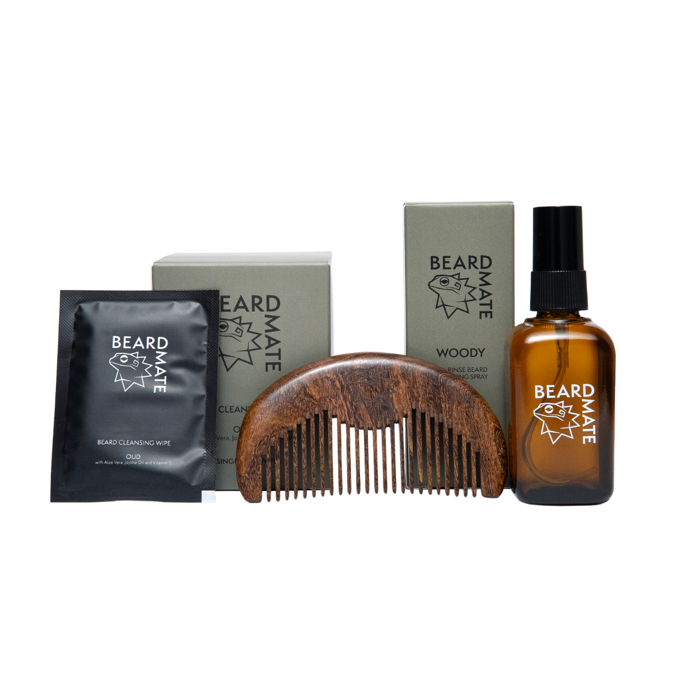 Beard care products including a bottle, comb, and packets on a white background