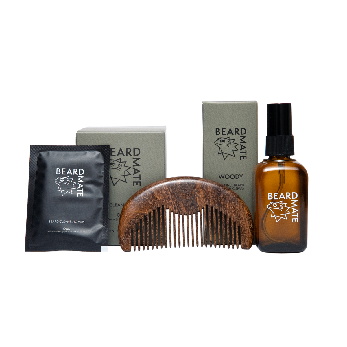 Beard care products including a bottle, comb, and packets on a white background
