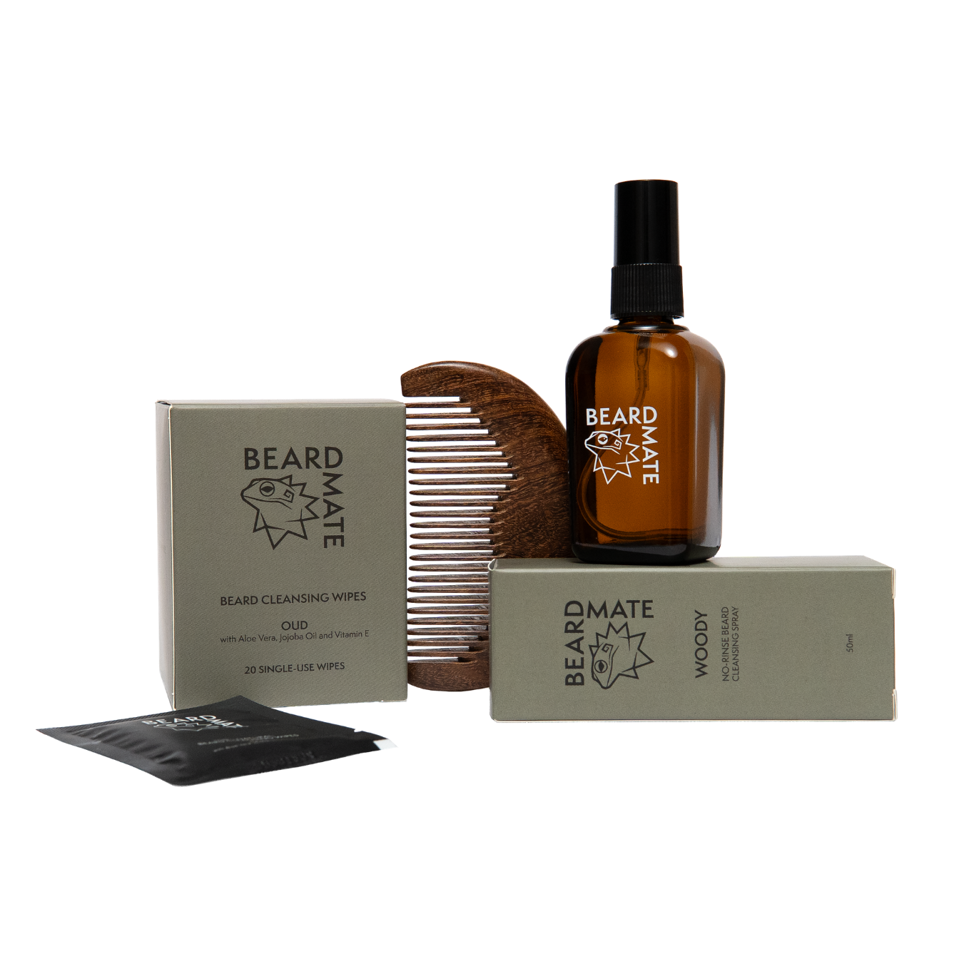Beard care product set with spray bottle, comb, and wipes on a white background