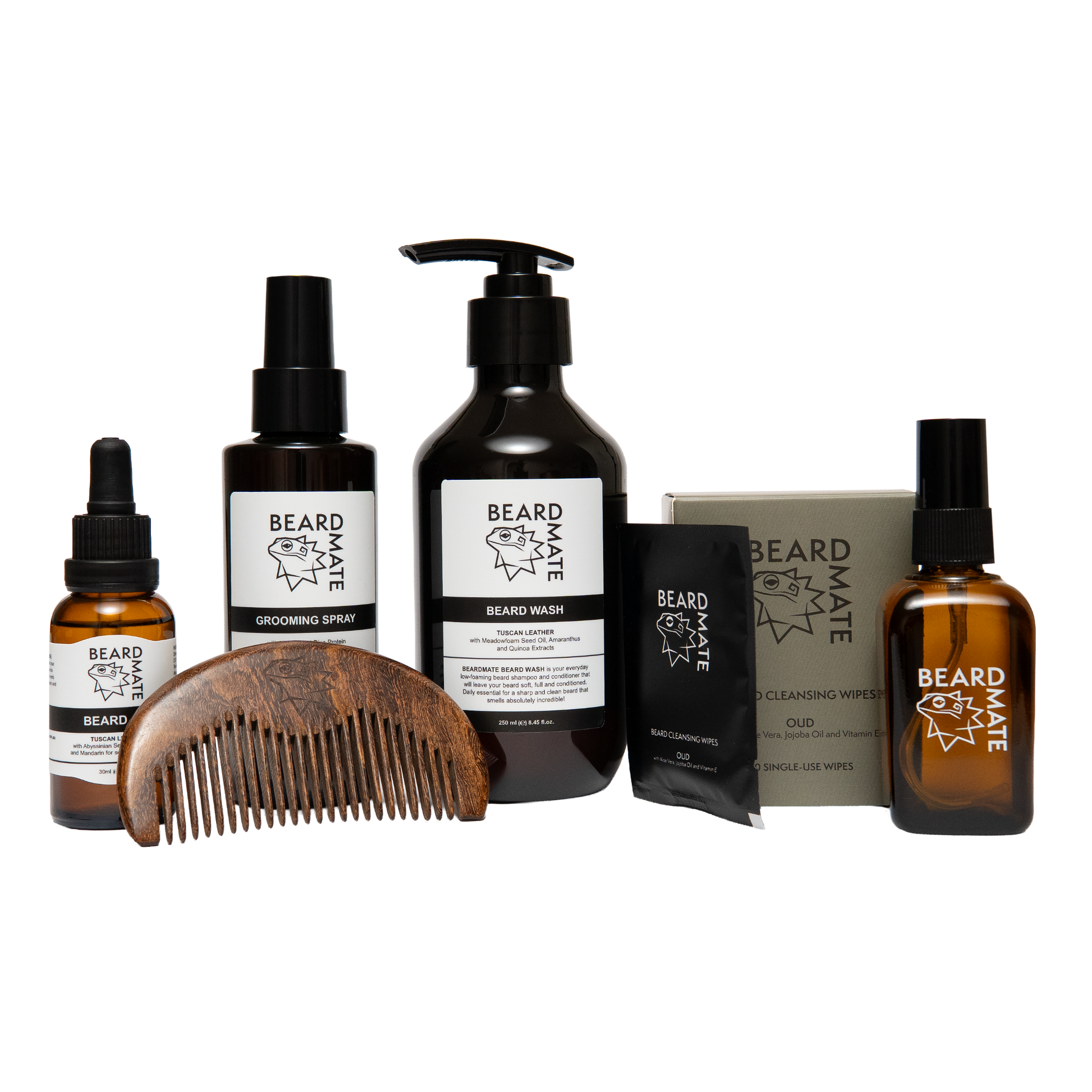 Collection of BEARDMATE grooming products including bottles, a comb, and wipes on a white background.