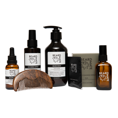 Collection of BEARDMATE grooming products including bottles, a comb, and wipes on a white background.