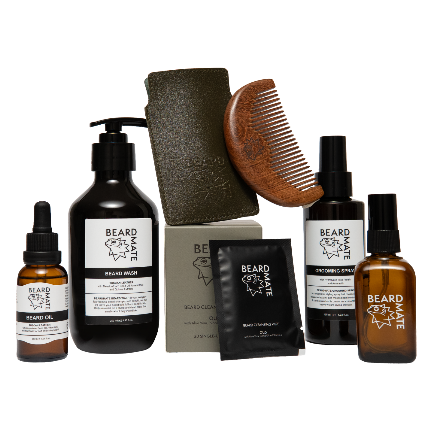 Collection of beard care products including bottles, boxes and a comb on a white background