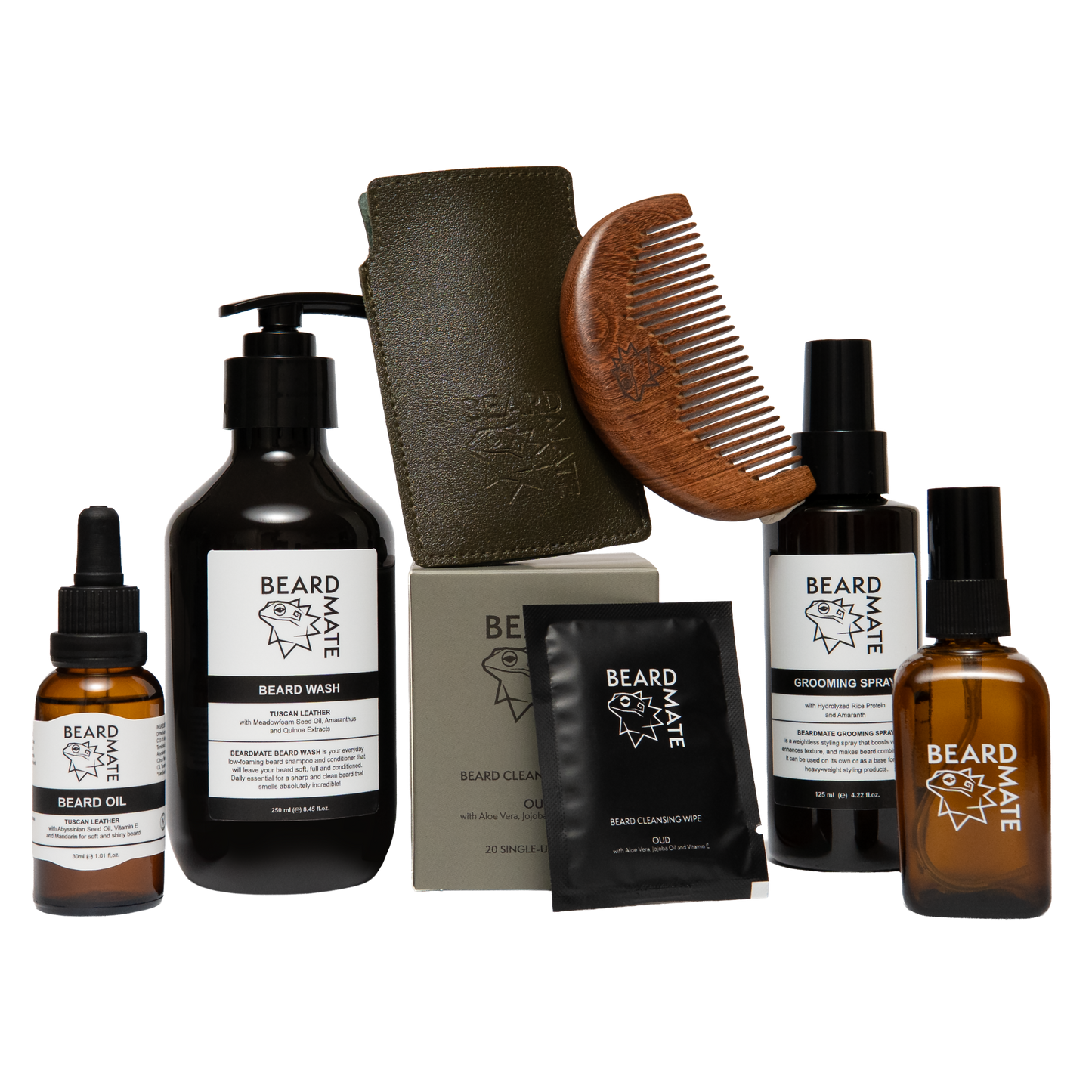 Collection of beard care products including bottles, a scrub, and a comb on a white background