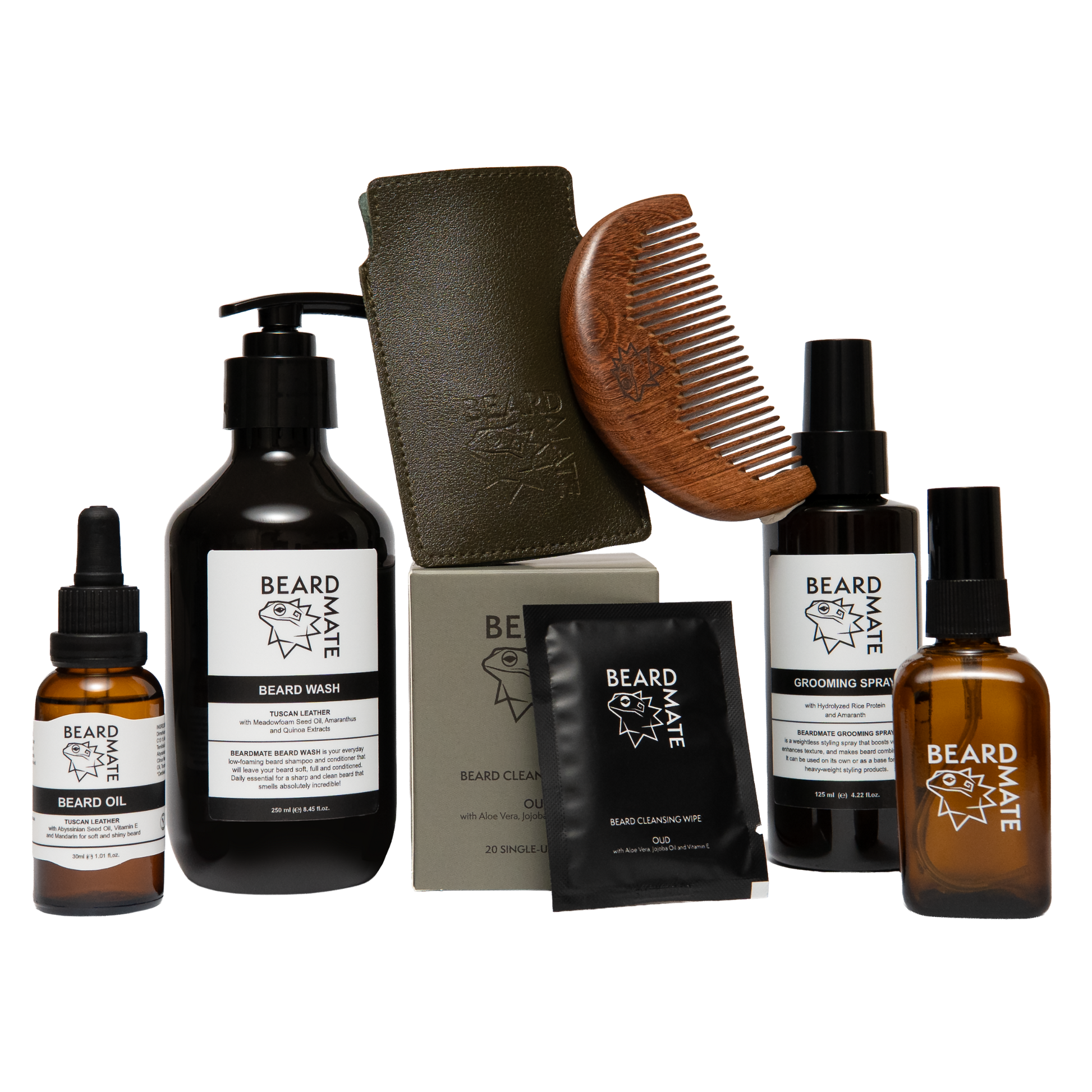 Collection of beard care products including bottles, a scrub, and a comb on a white background