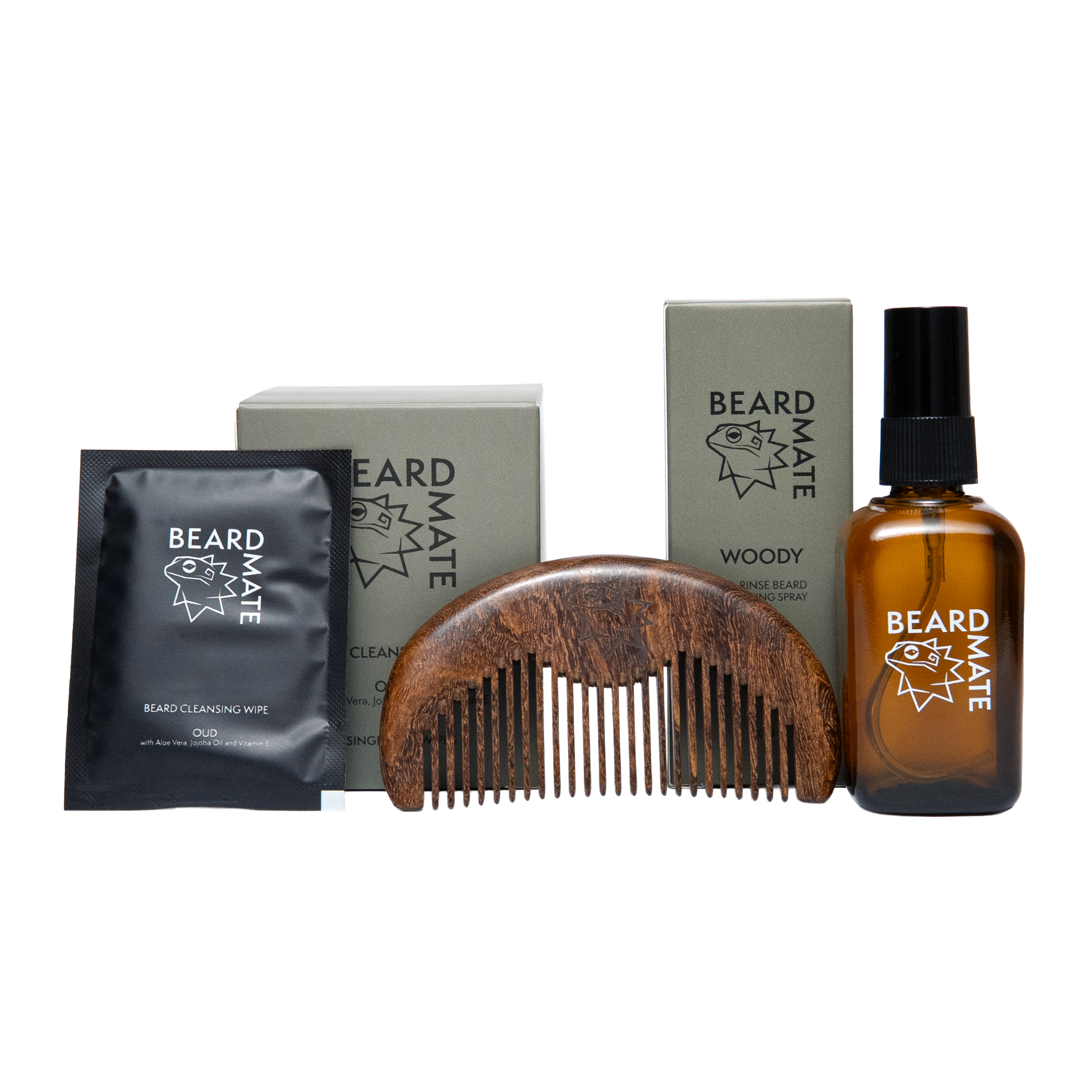 Beard care products including a bottle, comb, and packets on a white background