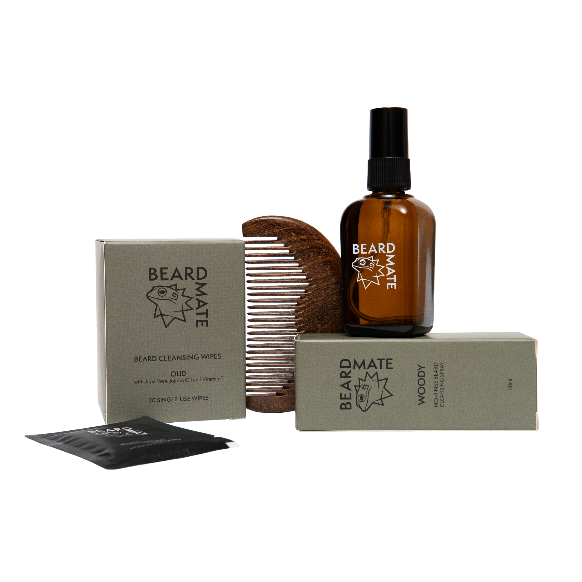 Beard care products including a bottle, comb, and packaging on a white background